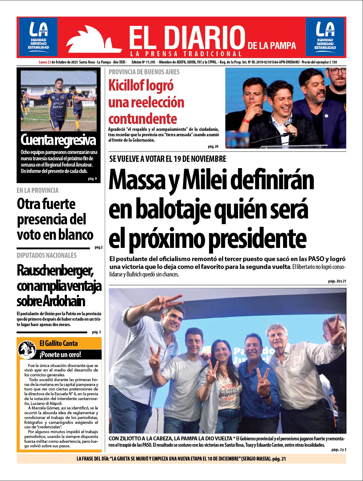 Tapa de El Diario en papel  lunes 23 de octubre de 2023